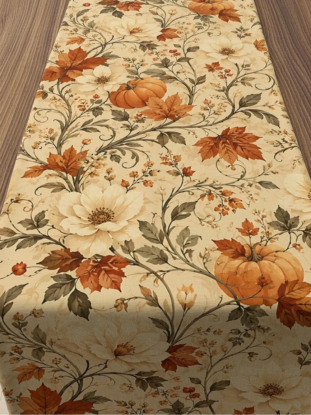 Fall Autumn Floral Pumpkin Table Runner - Beige and Orange Thanksgiving